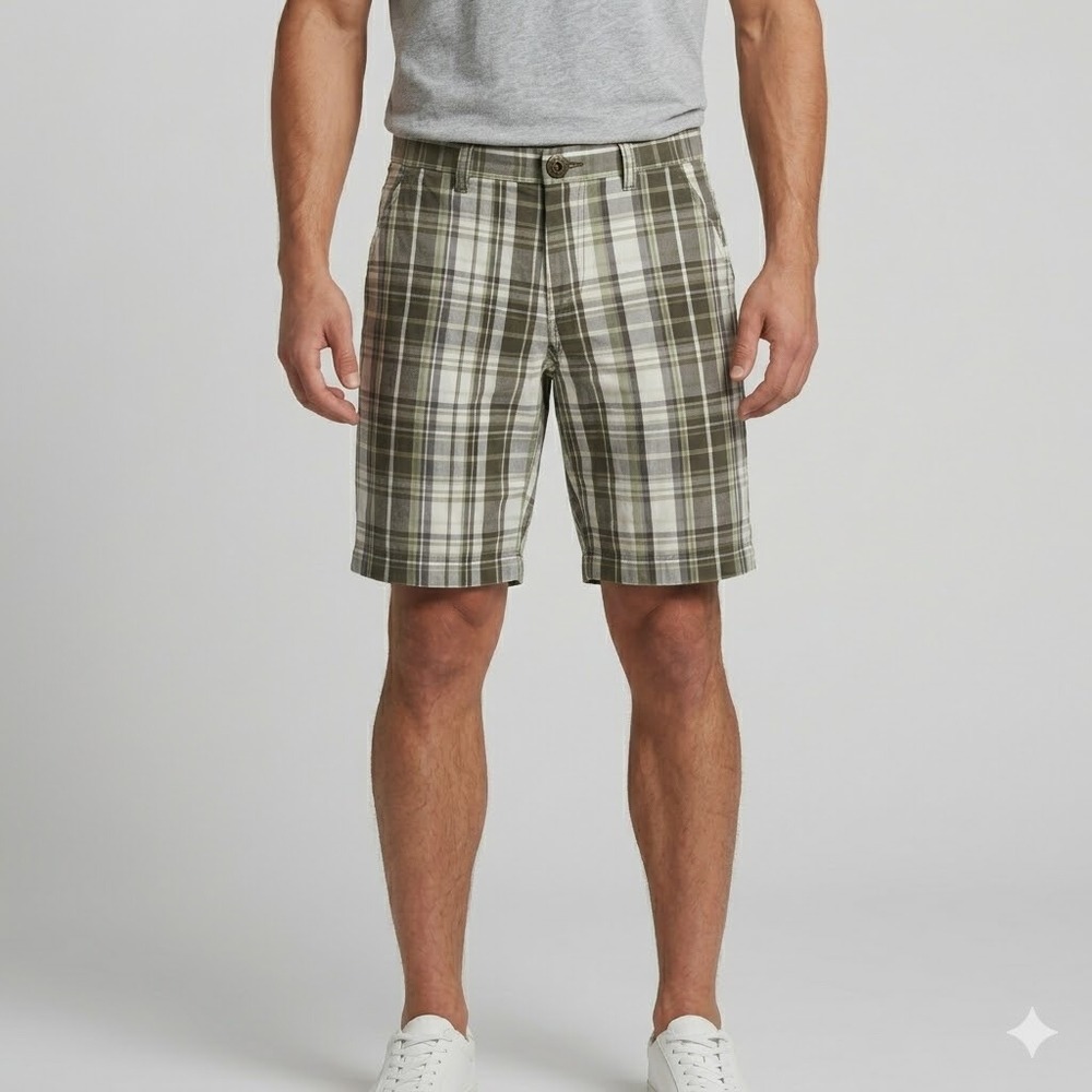 Public Opinion Plaid Cargo Shorts Men's 34‎ Green Brown 100% Cotton EUC